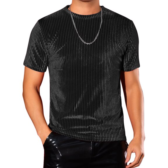 DARING DIVA Men's Velvet Crew Neck Short Sleeve Tee Tops Disco Velour T Shirts S Black