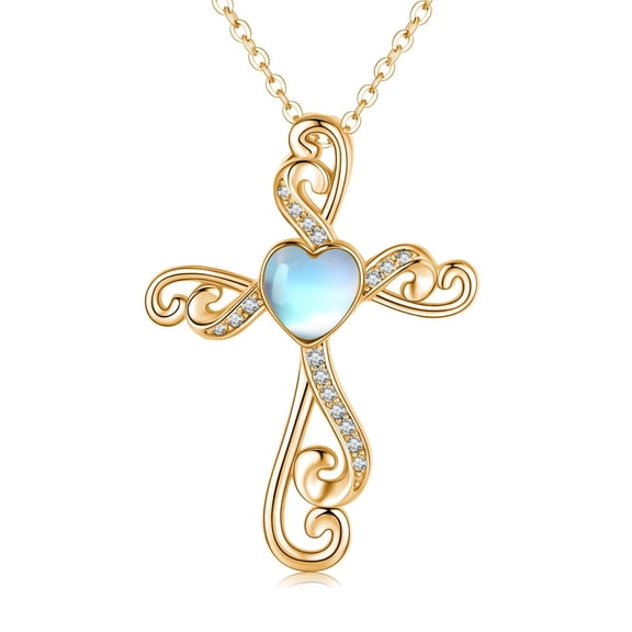 Coachuhhar Cross Necklace 925 Sterling Silver Heart Moonstone Pendant Necklace Cross Jewelry Gifts for Women