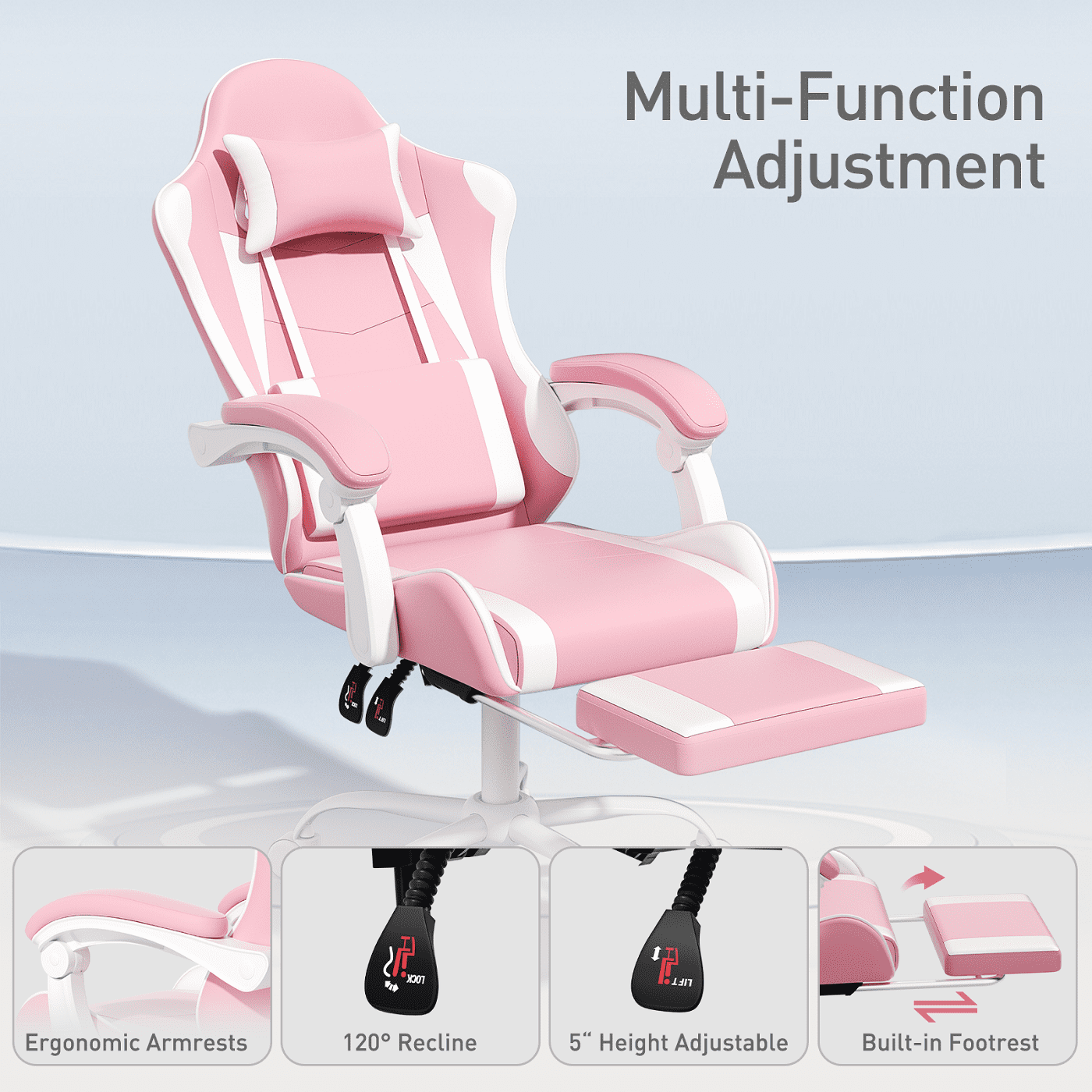MoNiBloom Ergonomic Gaming Chair with Footrest, Adjustable Headrest and Lumbar Support for Office and Gaming, High-Back Racing Style Computer Desk Chair, Pink (Wide Seat)