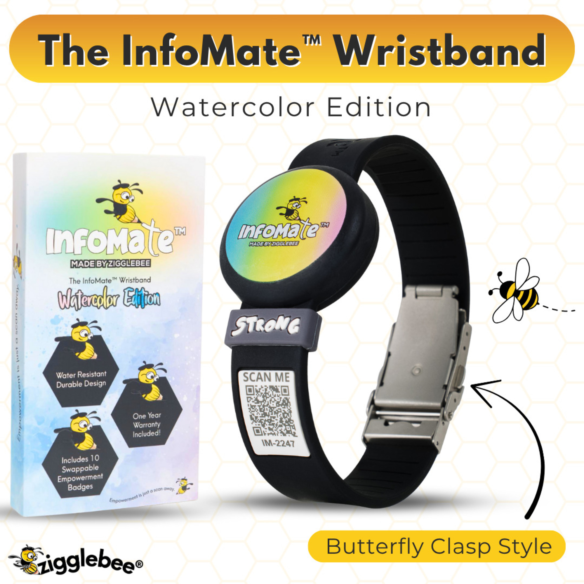 InfoMate by Zigglebee QR Code Medical Bracelet and AirTag Holder Wristband, Midnight Black, Butterfly Clasp