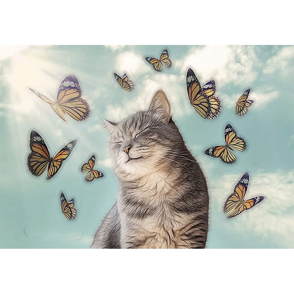 Mojoyce 5d Diy Diamond Painting Cat Butterfly Full Round Drill Animal Art Picture Walmart Com