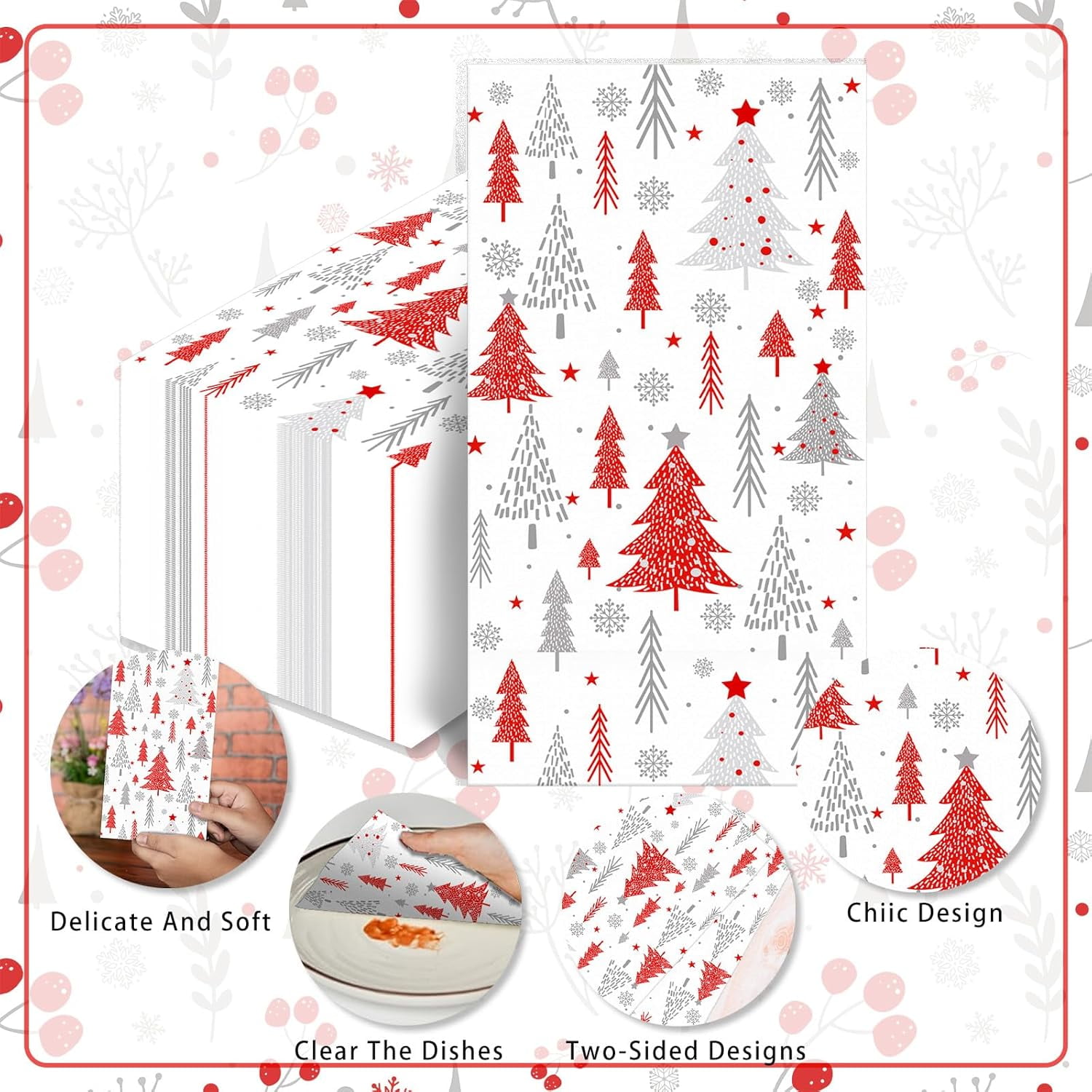 100PCS Christmas Paper Napkins - Dinner Size Bathroom Napkins for Xmas Party, 2-Ply Disposable