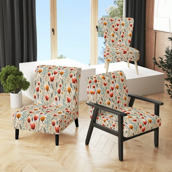 Designart "Meadow Of Orange Hues I" Coral Floral Upholstered Accent Chair - Cottage Arm Chair For Bedroom