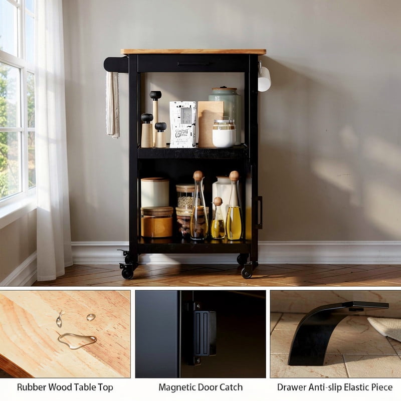 Rolling Kitchen Island Cart with Rubber Wood Countertop, Mobile Storage Cart Featuring Drawer, Cabinet, Shelf and Side Hooks, Compact Microwave Stand for Small Kitchen Spaces, Black