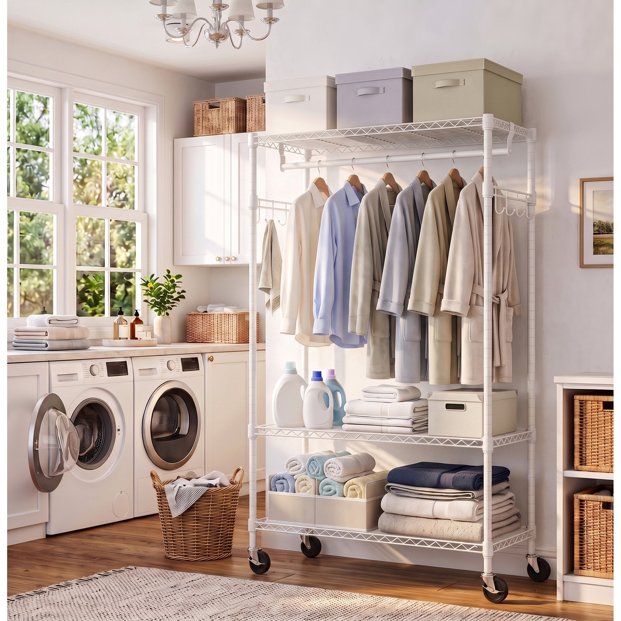 Leumius Heavy Duty Rolling Garment Rack, 3 Tiers Adjustable Wire Shelving Clothes Rack with Rods and Side Hooks,Storage Closet Clothing Rack with Wheels for Laundry Room Bedroom Cloakroom White