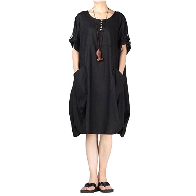 facefd Female Loose Dress Short Sleeve Spring Summer Robe O-Neck Skirt Irregular Casual Solid Color Dresses Knee-Length Fashion Black XXL