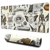 Long Mouse Pads for Desk,Beige Halloween Skull Pumpkin Pattern Desk Mats on Top Of Desks, Desk Mouse Pad Extra Large with 3mm Non-Slip Base and Stitched Edge for Gaming,Office,Work,Home 35.4"x15.7"