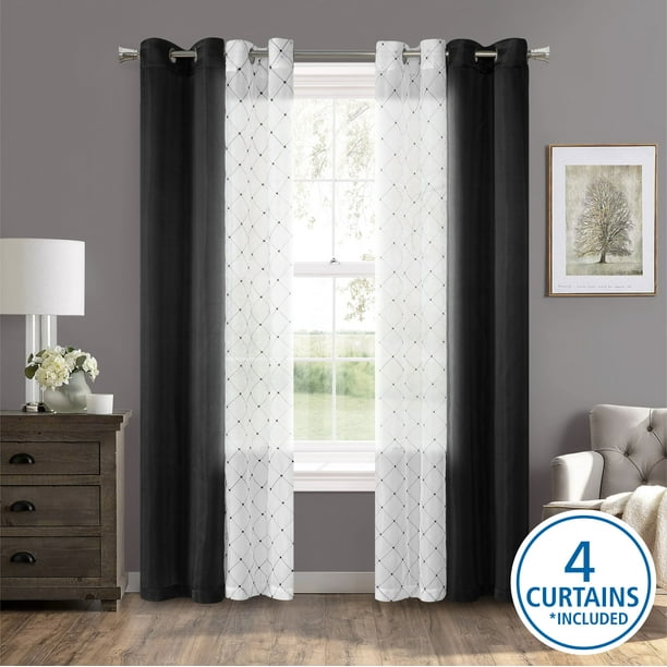 Mainstays 4 Piece Embroidered Curtain Panel Set, 27.5" x 84" inches
