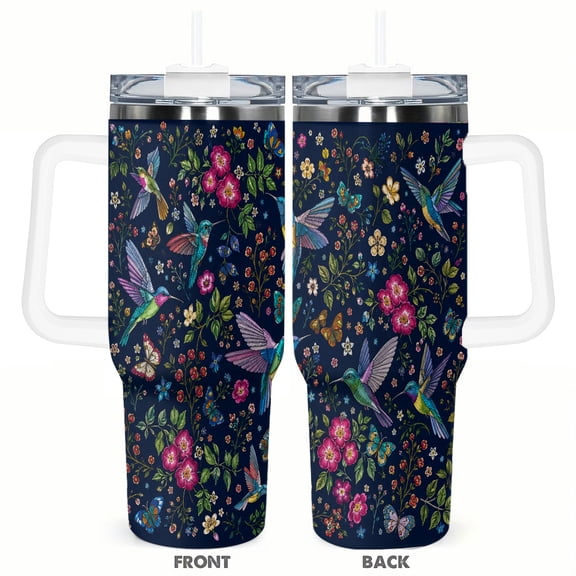 40oz Colorful Hummingbird Floral Travel Tumbler with Handle and Straw Lid Navy Insulated Car Coffee Cup Gift for Women
