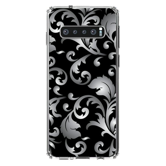 DistinctInk Clear Shockproof Hybrid Case for Samsung Galaxy S10 (6.1" Screen) - TPU Bumper, Acrylic Back, Tempered Glass Screen Protector - Silver Grey Black White Floral - Floral Damask Pattern