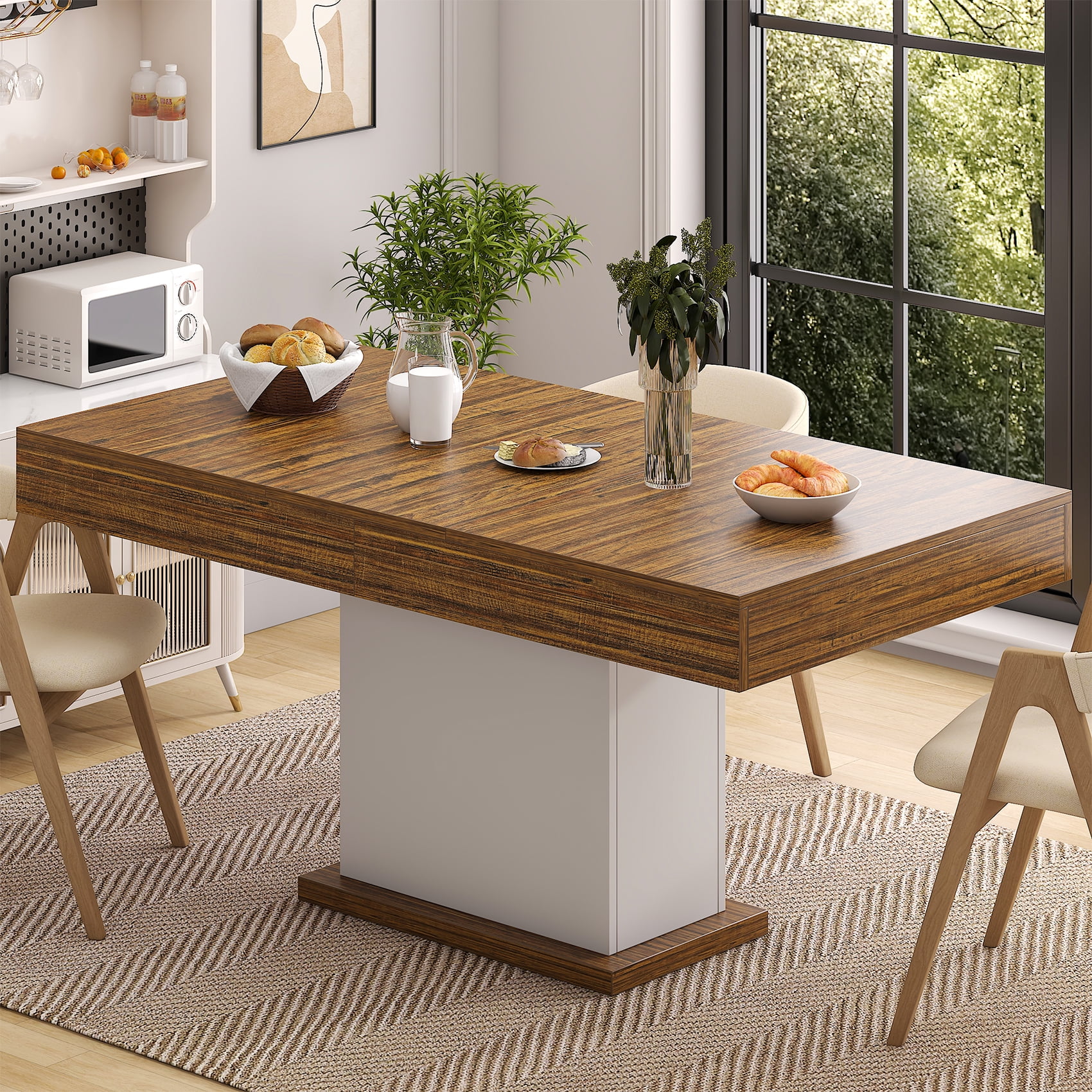 Winkalon 55.1" Dining Table, Rustic Wood Dinner Eating Table With Drawers for Kitchen, Dining Room, Walnut