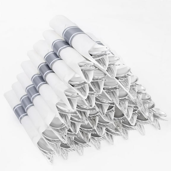400PCS Pre Rolled Silver Plastic Silverware Sets - Heavy Duty Hammered Silver Cutlery - Include 100 Pack Wrapped Disposable Utensils with Napkins for Parties & Dinners & Weddings