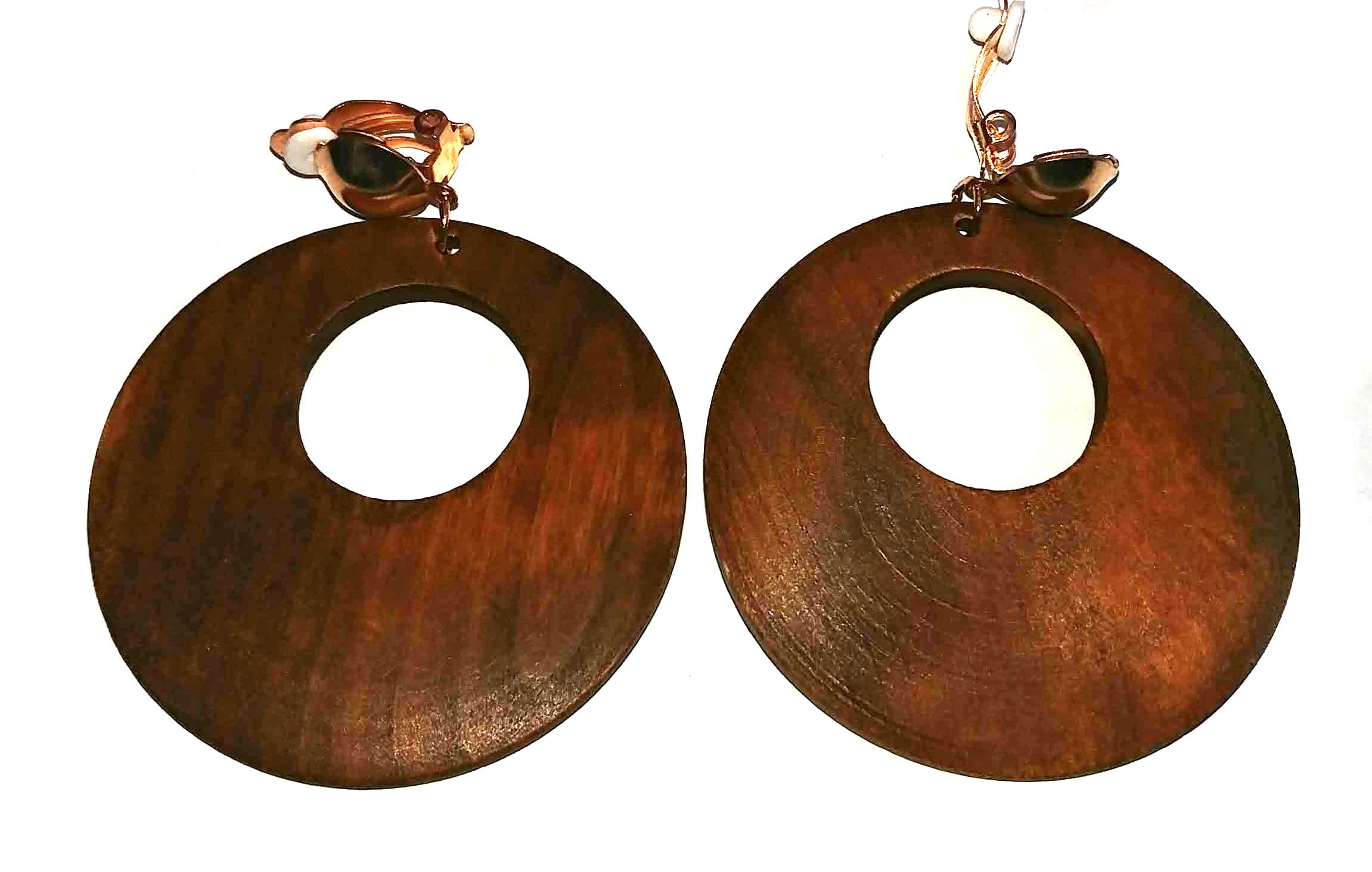 Clipon Hoop Earrings Wood Dark Brown Hoop Earrings 2.5 inch Gold Tone