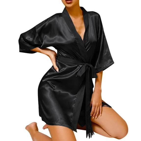 Clearance! robes for women terry cloth robes for women Women's Black Silk Like Mid Sleeve Nightdress Summer Short Cardigan Tie Tassel Thin Sexy Bathrobe Pajamas Big sales Black