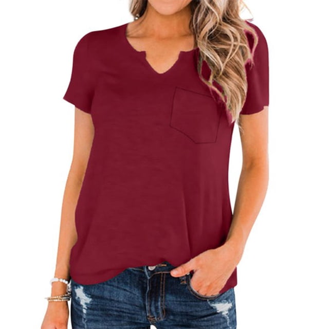 Qarigey Camisa de manga corta con cuello en V en la parte delantera para mujer Prendas para la parte del cuerpo Vino rojo L