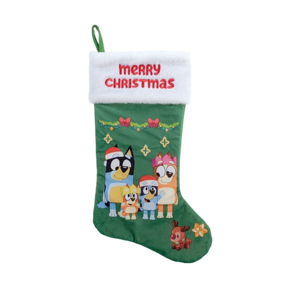 Bluey 20 inch Velvet Christmas Stocking with Embroidered Merry Christmas Design for Holiday Decoration