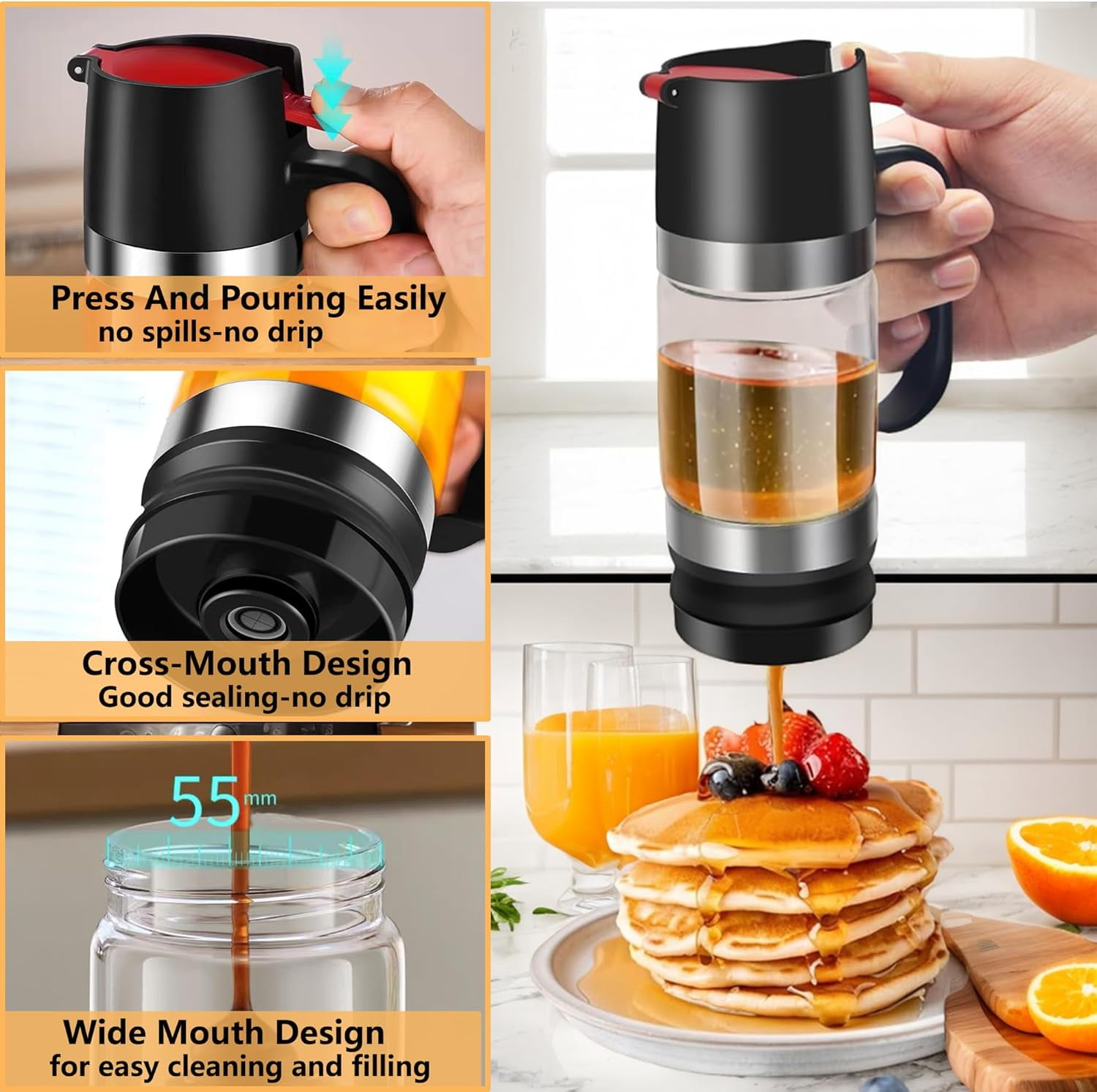 Glass Honey Dispenser Pot: 9 OZ Honey Dispenser No Drip with Handle, Maple Syrup Dispenser, Durable Clear Honey Jar with Silicone Base, Honey Pot for Coffee or Tea (Black)