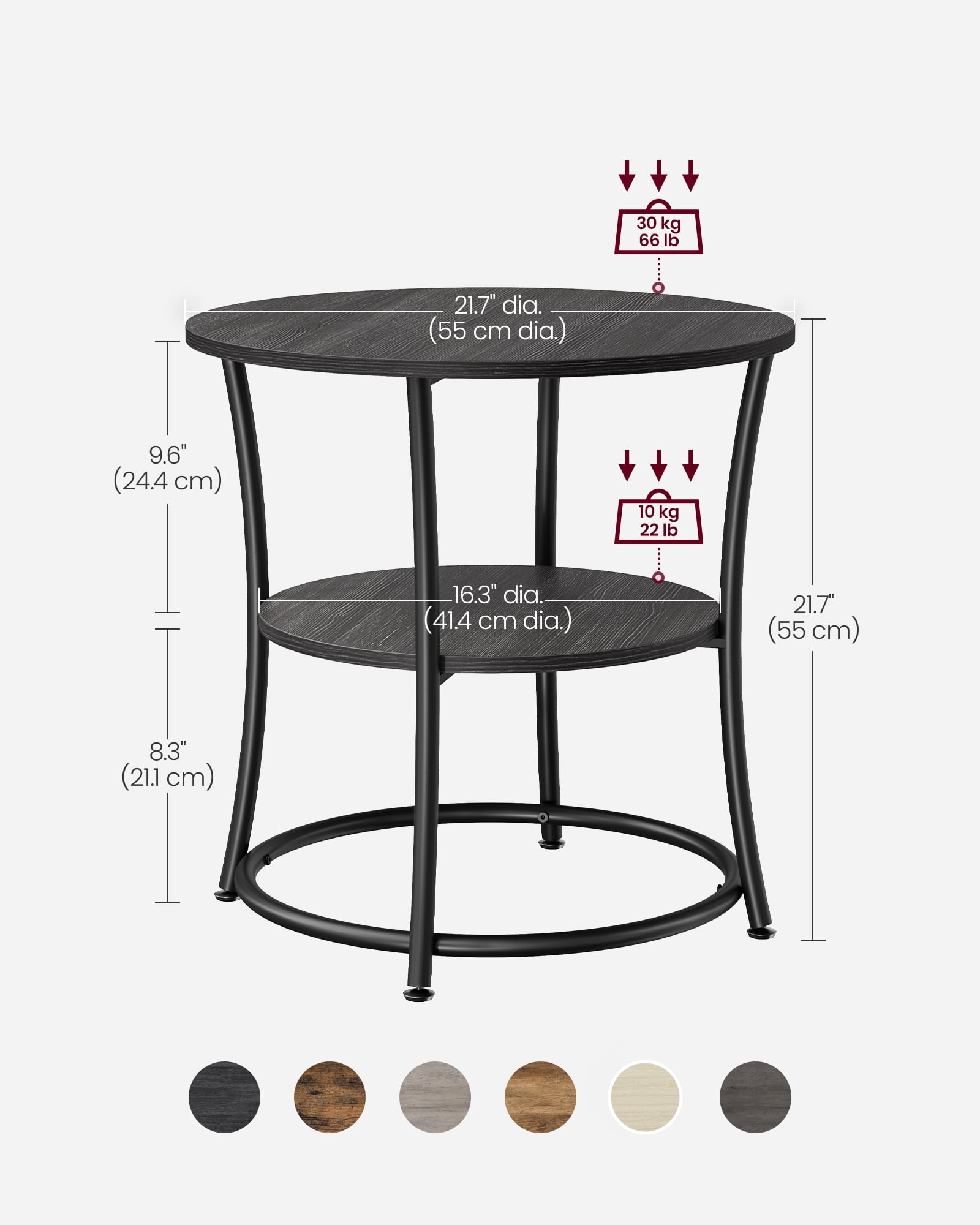 VASAGLE 21.7-Inch Round Side Table, 2-Tier End Table, Nightstand with Steel Frame, Spacious Top, for Small Spaces, Living Room, Bedroom, Charcoal Gray and Ink Black