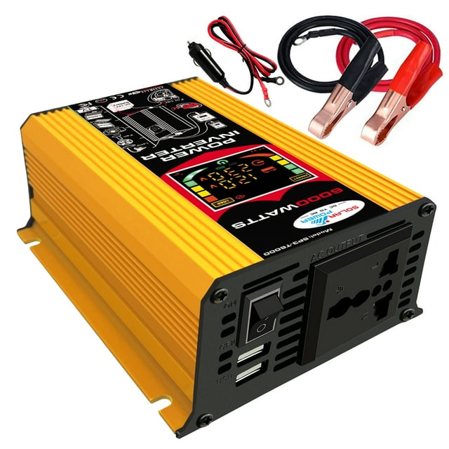 Modified Sine Inverter High Frequency 6000W Power Watt Power Inverter DC to AC Converter Car Power Inverter with 2.1A Dual USB Port Battery Clips Car Plug LCD Display Screen