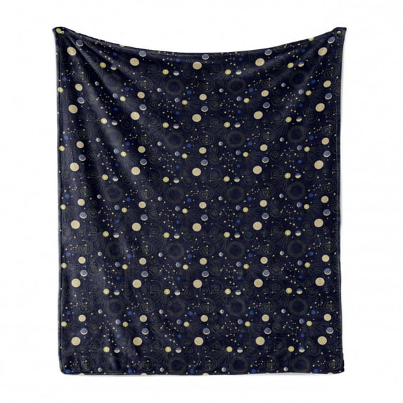 Cosmos Soft Flannel Fleece Throw Blanket, Retro Memphis Style Planetary Space Shapes Constellation Moon Phases, Cozy Plush for Indoor and Outdoor Use, 50" x 70", Indigo and Pale Yellow, by Ambesonne