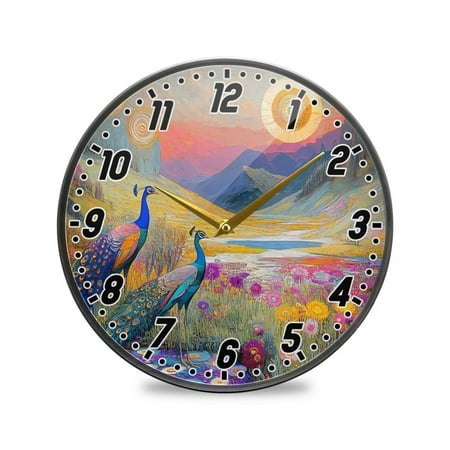 Wall Clock Battery Operated Non-Ticking Silent for Living Room Bedroom Kitchen Office Decor Peacocks in Alpine Meadow 9.5