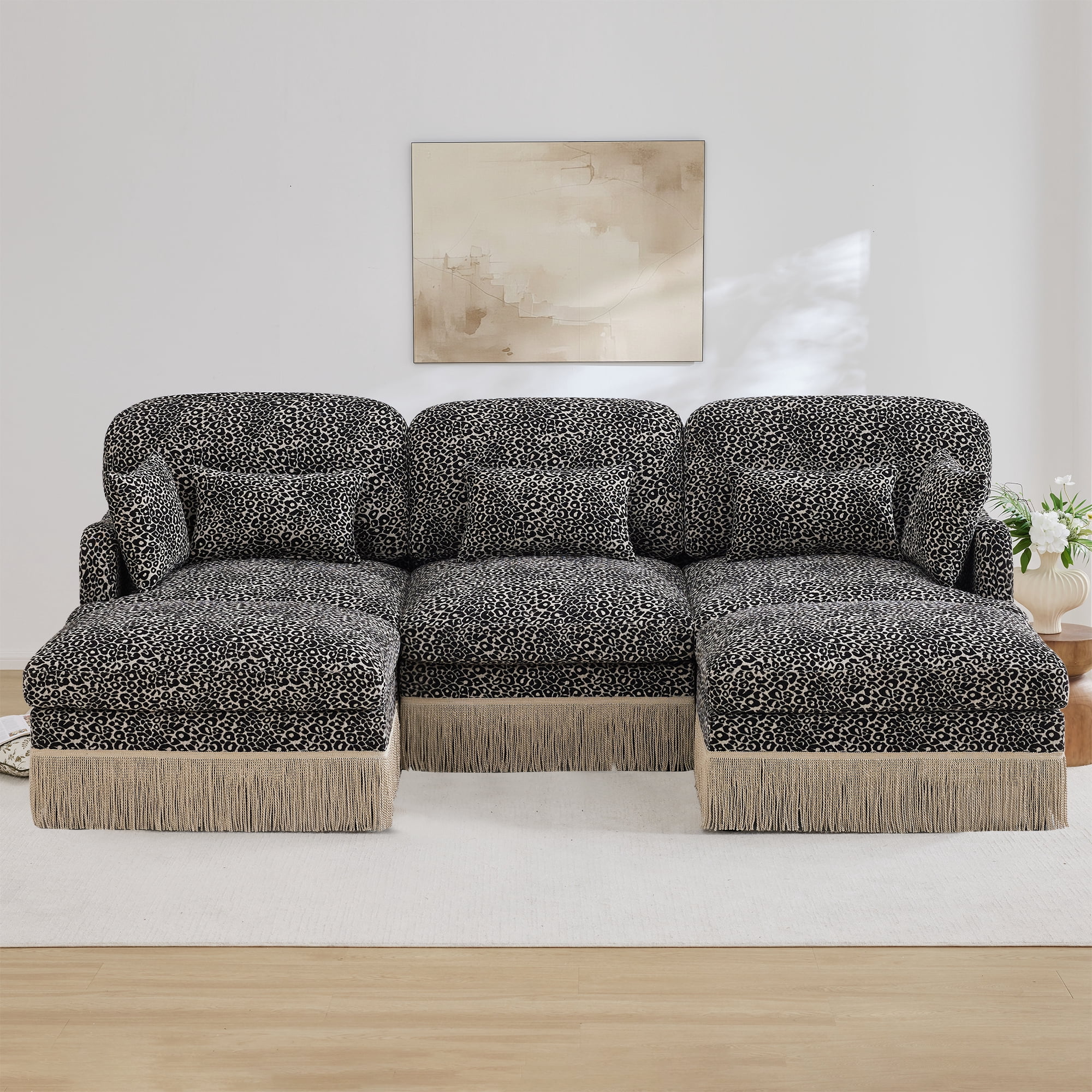 100" Chenille Leopard Tassel Deep Seat U Shape 3 Seater Modular Sofa Couch with 5 Throw Pillows and 2 Ottoman