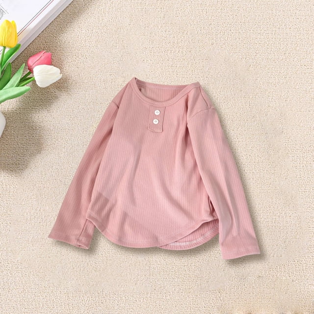 LIJCC T-Shirt en Coton Côtelé pour Filles, Manches Longues, Col Rond, Ourlet Incurvé, Tunique Unie, Coupe Ajustée, Basique