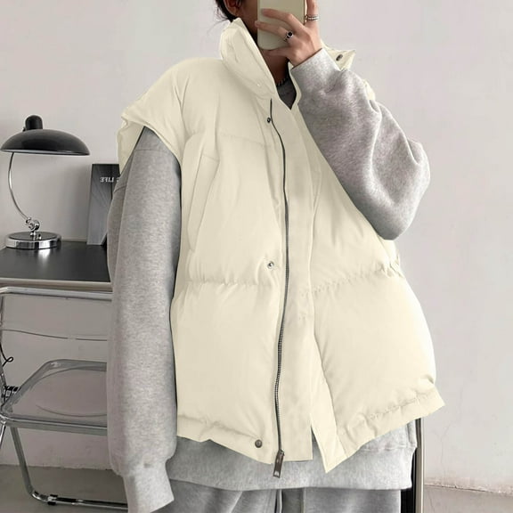 Qetyuw Womens Oversized Puffer Vest with Pockets Sleveless High Neck Quilted Vest Outdoor Lightweight Button Down Puffer Coat Solid Thickened Winter Warm Jackets