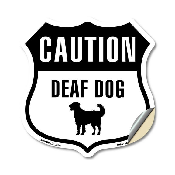 Caution Deaf Dog 12 inch X 12 inch Shield Shaped Heavy Duty 3.2 mil Vinyl Decal Weather Resistant Made in the USA