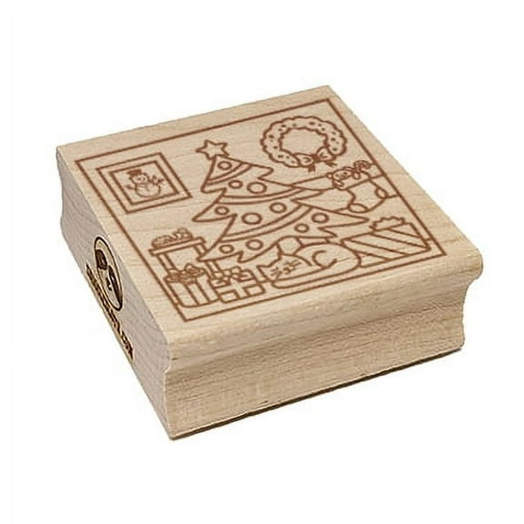 Christmas Morning Room Cat Tree Snowman Stocking Square Rubber Stamp Stamping Scrapbooking Crafting - Small 1.25in