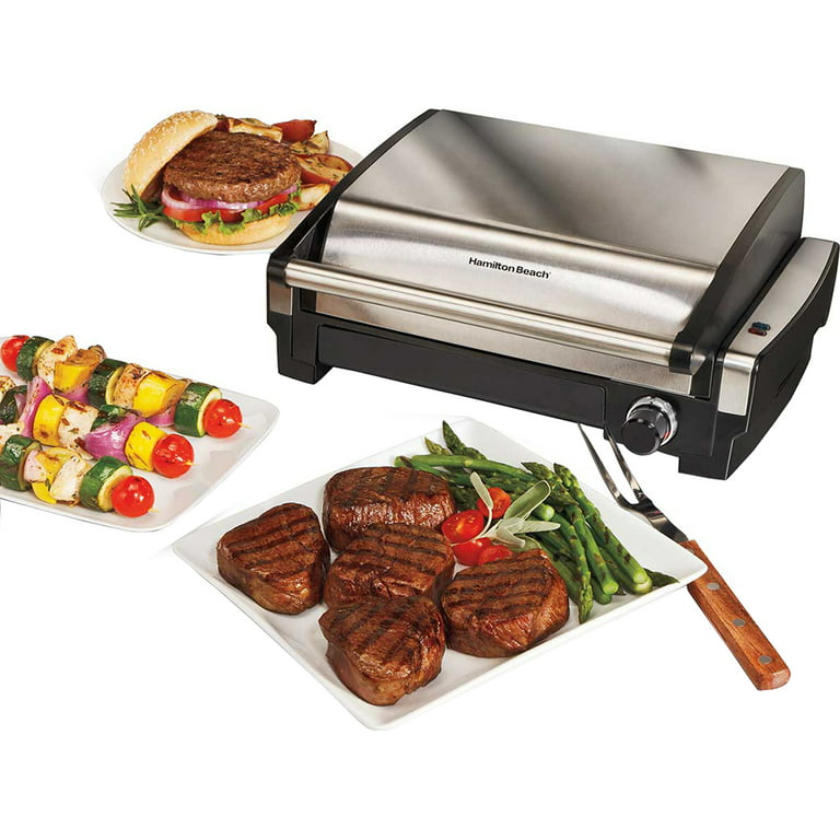 Hamilton Beach Electric Indoor Grill, 6-Serving, Large 90 sq. in. Nonstick  Easy Clean Plates, Floating Hinge for Thicker Foods, 1200 Watts, Silver