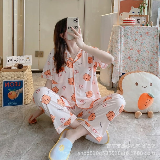 Pijama de dibujos animados para mujer del sudeste asiático, pantalones de manga corta, temporada de otoño y verano, ropa para el hogar, venta al por mayor, ropa de dormir cómoda y bonita