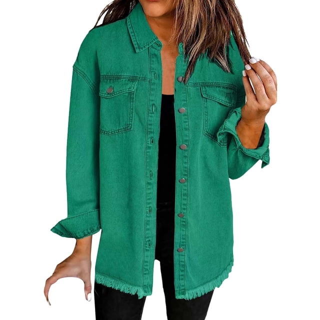 Yubnlvae Veste-Chemise en Denim Vert Délavé Mode Décontractée pour Femme, P