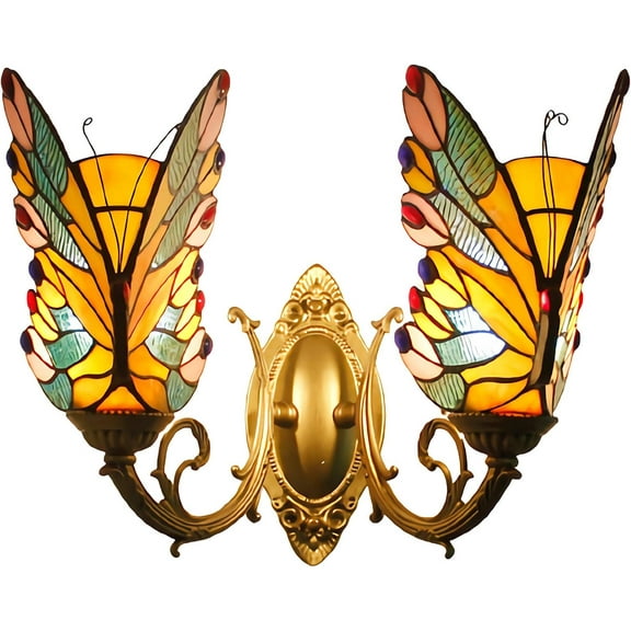 Artistic Style Butterfly Wall Sconces,E27 Bulb, Stained Glass Hallway Wall Lamp, Retro Metal Night Light for Living Room Bedroom Beside Decor Wall Lighting Fixture,2