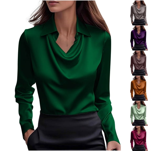 Women's Tops Dressy 2026 Ice Silk Cowl Neck Blouse Long Sleeve Shirts Satin Business Work Tops Summer Spring Outfits