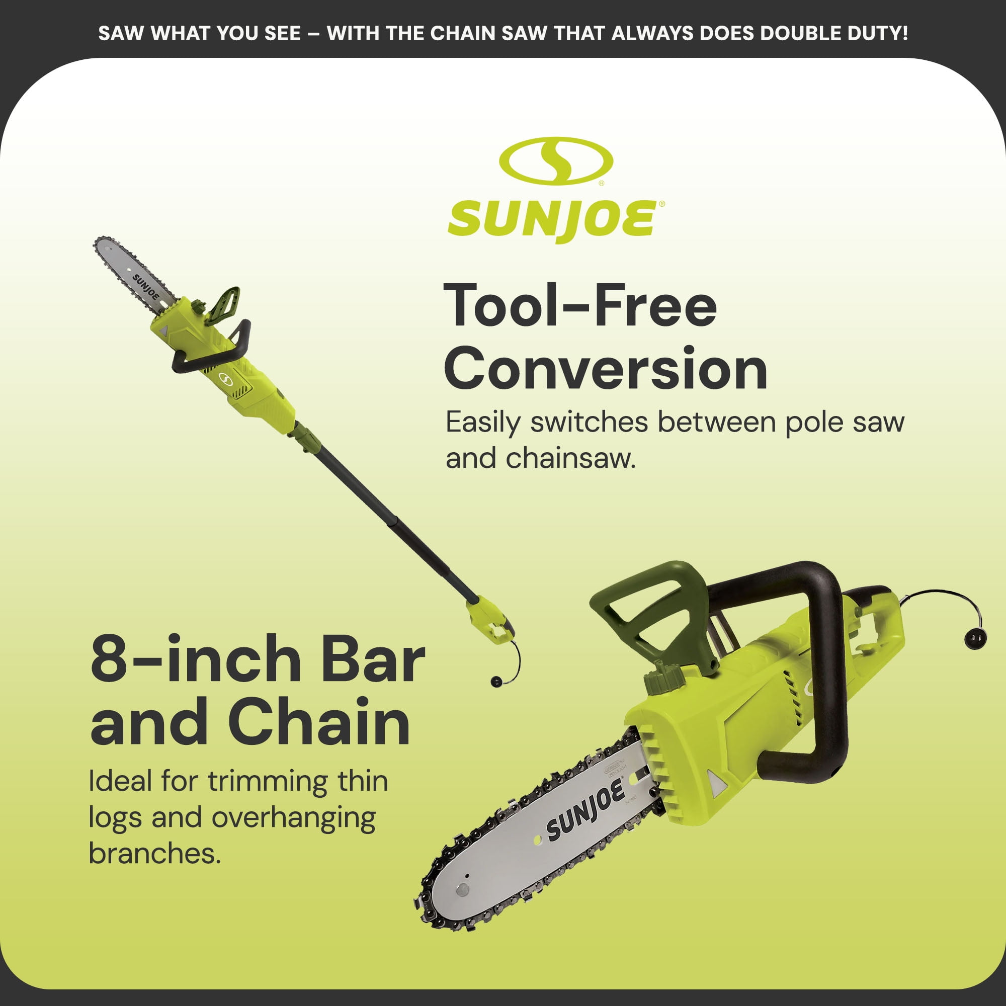 Sun Joe 8 Inch Electric Convertible Pole Chain Saw, 2-in-1 Cutting