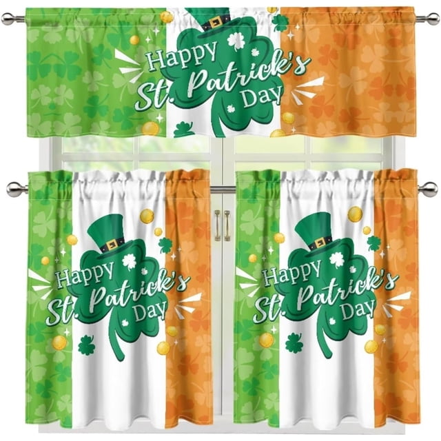 Green Leaves Kitchen Curtain Valance and Tiers Set of 3 Window Decorations Rod Pocket Cafe Bar Window Curtains Drapes,Easy to Install,Happy St Patrick Day Curtain Tier & Valance Set,Size M