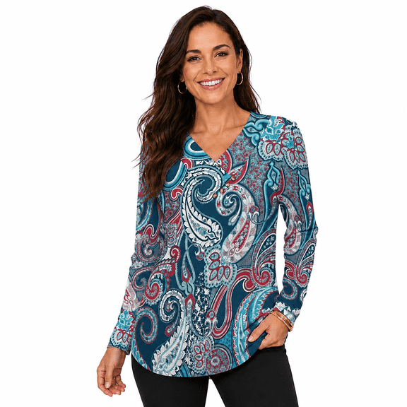 Women's Printed V-Neck Long Sleeve Button Detail Tunic Top