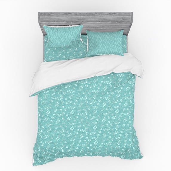 Botanical Duvet Cover Set, Simplistic Repetitive Pattern with Leafy Branches Ornamental Image, Bedding Set with Shams and Fitted Sheet, 3 Sizes, by Ambesonne