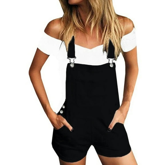 Summer Clearance Sale! Joau Denim Jumpsuit for Women Casual Adjustable Straps Short Romper with Pockets Casual Stretch Jeans Playsuit Bib Pants Overalls