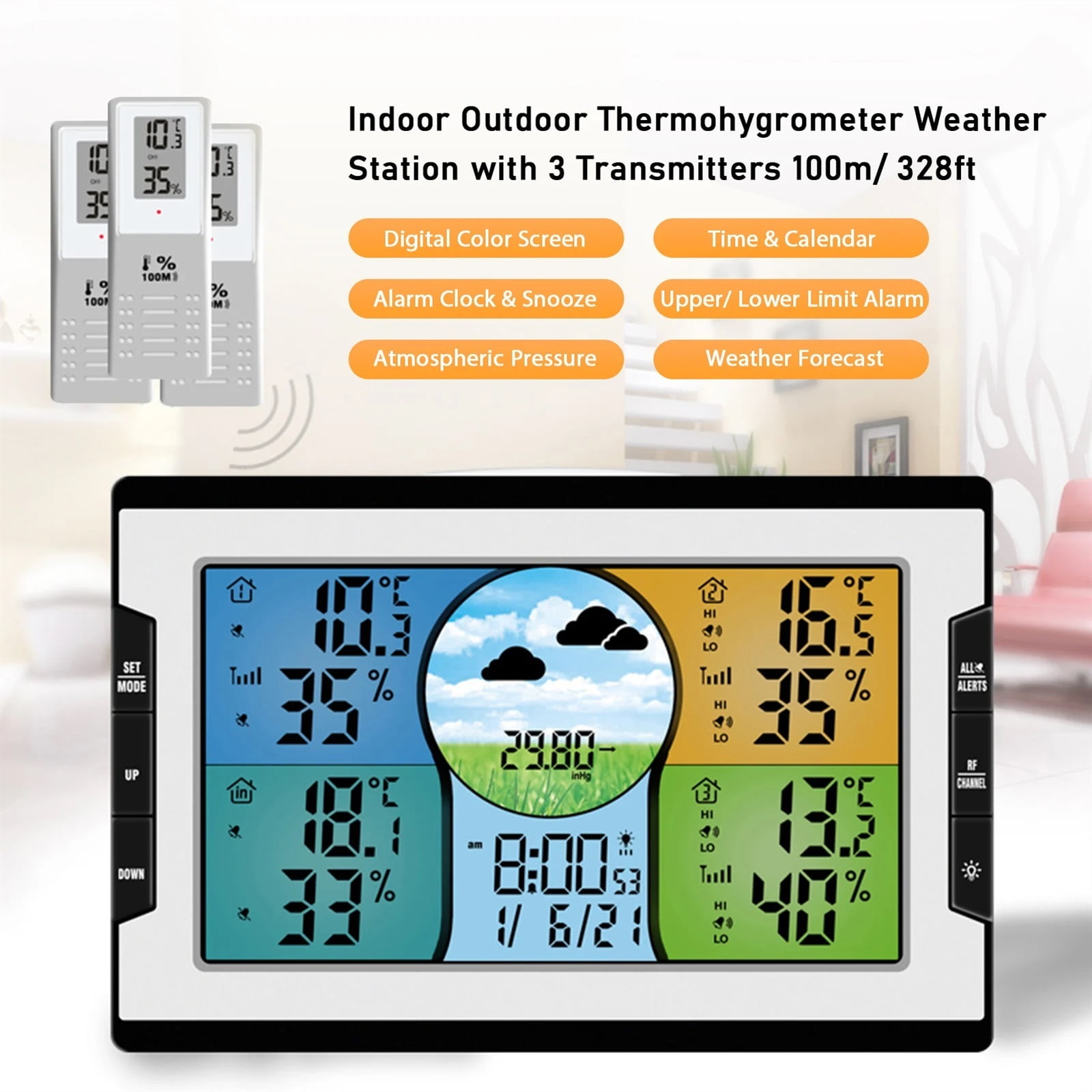 Digital Weather Station with 3 Remote Sensors 328ft/ 100m Temperature Humidity Alarm Clock with Weather Function for Warehouse ,High Precision