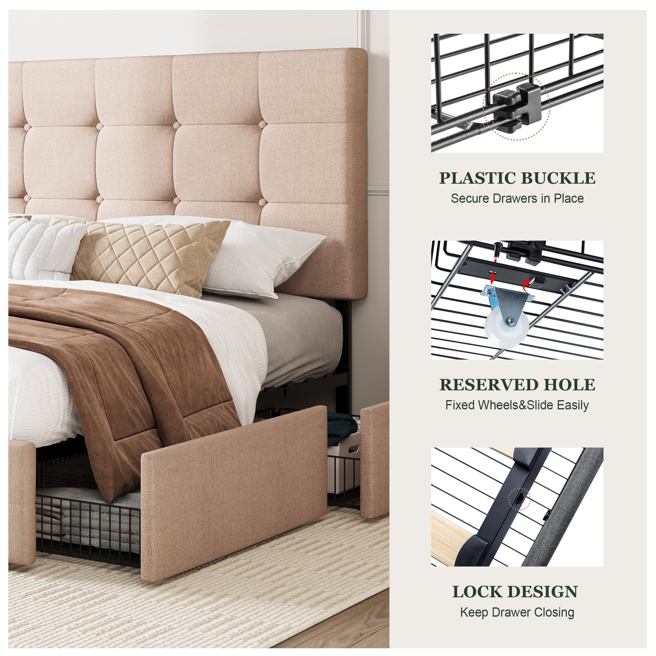 Amolife Queen Size Platform Bed Frame with Square-stitched Headboard and 4 Drawers, Beige