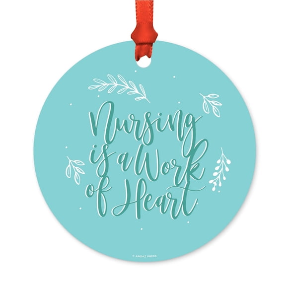 Professional Round Metal Christmas Ornament, Nursing is a Work of Heart, Includes Ribbon and Gift Bag