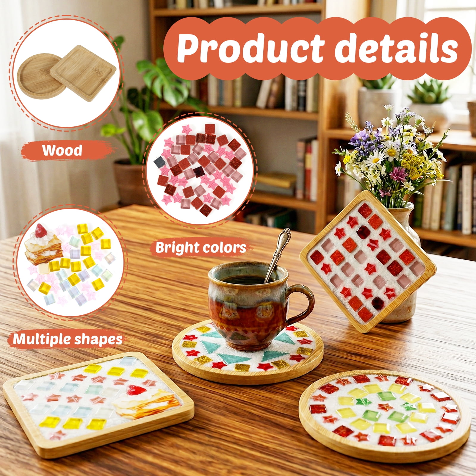 Austok 4Pcs DlY Mosaic Tile for Craft Mixed Color Glass Tile Kit with Bamboo Cup Pad for Adult DlY Cup Pad Kit Mosaic Supply for Handmade Home Decoration Present (Square and Round)