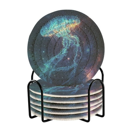 

Qxltty Space Jellyfish Drink Coasters with Holder 6pcs Handmade Woven Simple Vintage Saucer Set