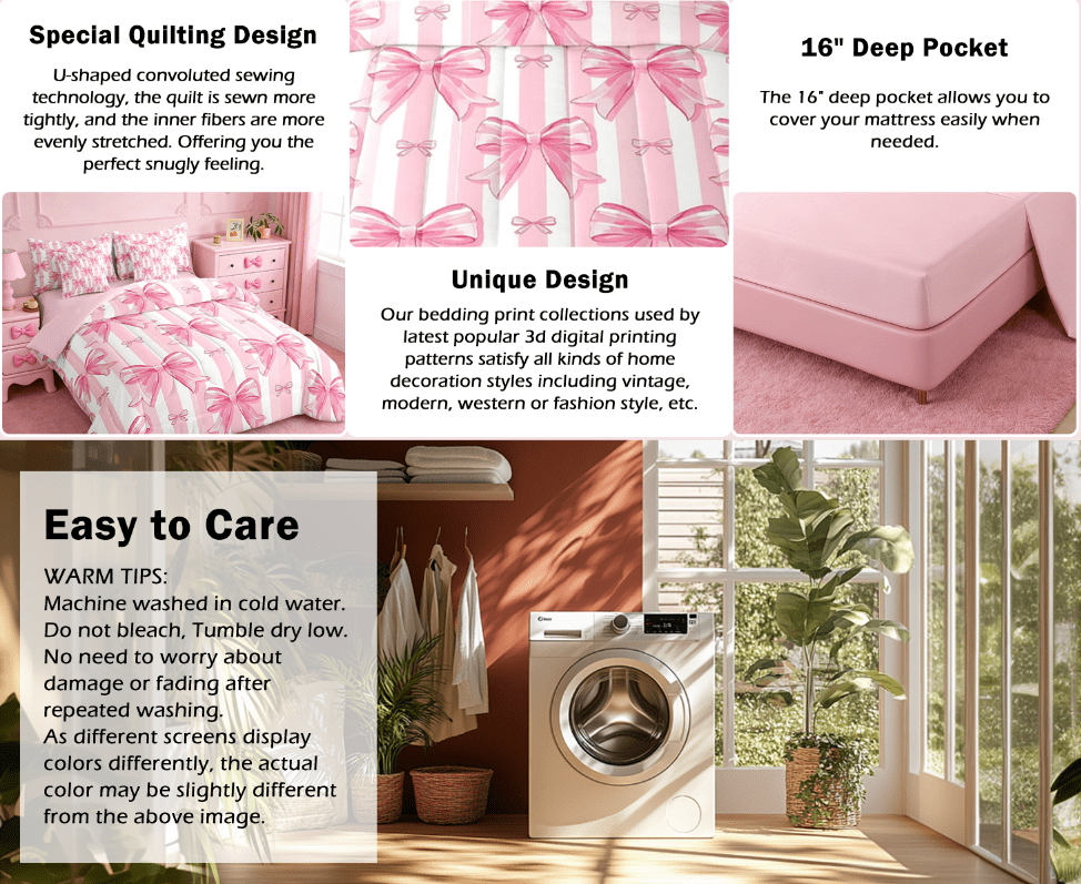 Manfei Kawaii Bow Twin Bedding Sets 7-Piece,Girls Bow Knot Bedding Comforter Set,Pink White Stripes Sheet Sets,Breathable Bedroom Decorative,Reversible