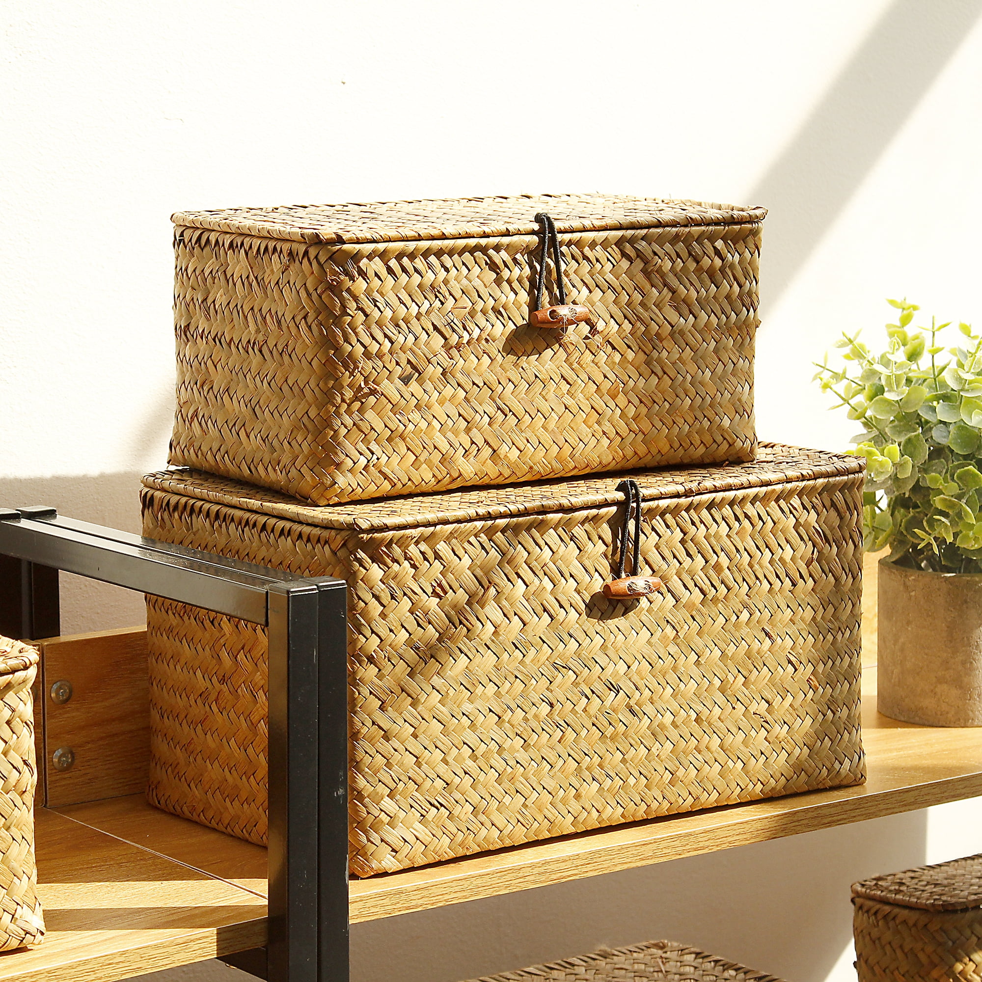 BlueMake Wicker Seagrass Baskets with Lids Set of 3 for Home Decor Rectangular Storage Baskets