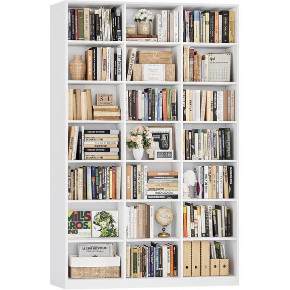86" H Triple Wide Bookshelf and Bookcase, Large Book Shelves, White | 47"W Bookshelves with Storage, Tall Book Case with Cube Storage, 7-Tier Display Shelf for Living Room, Home Office, Libraray