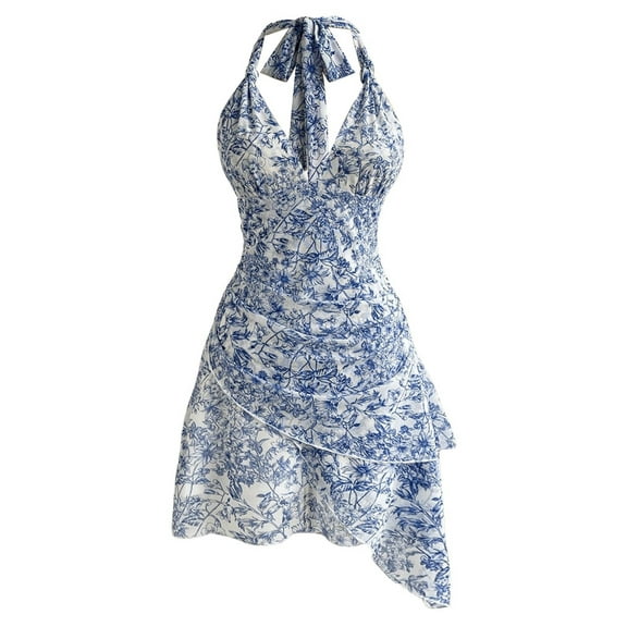 Women'S Floral Print Sleeveless Backless Deep V Neck Ruffled Backless Fitted Dress Knotted Bohemian Dress Blue S