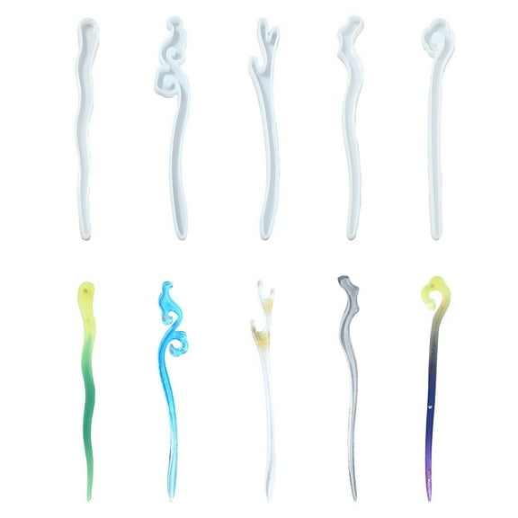 5Pcs 5 Style Hairpin DIY Silicone Molds Resin Casting Molds For UV Resin Epoxy Resin Jewelry Making Hair Stick Molds White 180~183x20~29x10~11mm 1pc/style